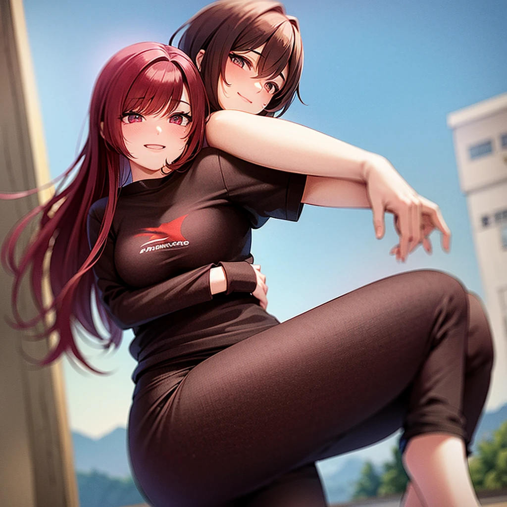 A girl with dark crimson red hair and maroon eyes with a black and red shirt that covers her whole torso and sweatpants and medium sized breasts smiling and a background with volcanoes and fire