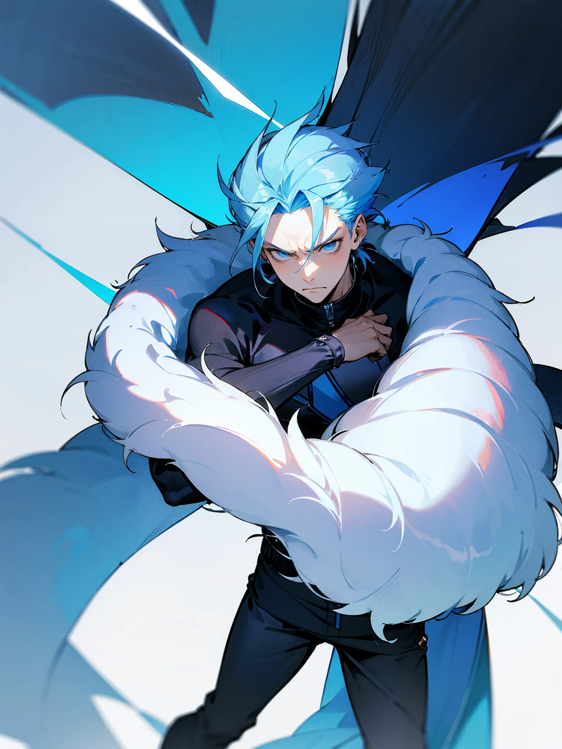1male, adult, sky blue hair, Vergil hair, fur coat, black sweatpants, tired expression, lean build