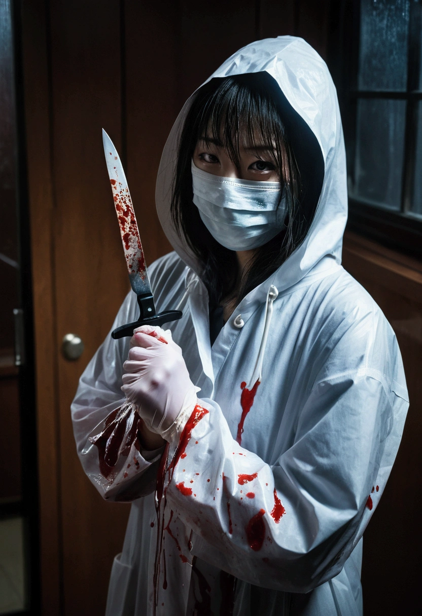 korean girl, (behind corpse, surgical mask), blood splatter, holding knife, stabbing, gloves, room full of blood, transparent raincoat, hood up, holding knife, gloves, behind corpse, long bangs, night, mass murderer, robbery, in the hotel, dark atmosphere, cinematic lighting, atmospheric realistic, light from the window
