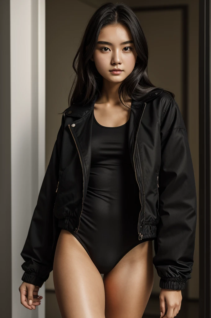 Photography of 20-year-old women, Perfect face, masterpiece, OK, underwear, Black_OK, jacket, Black_