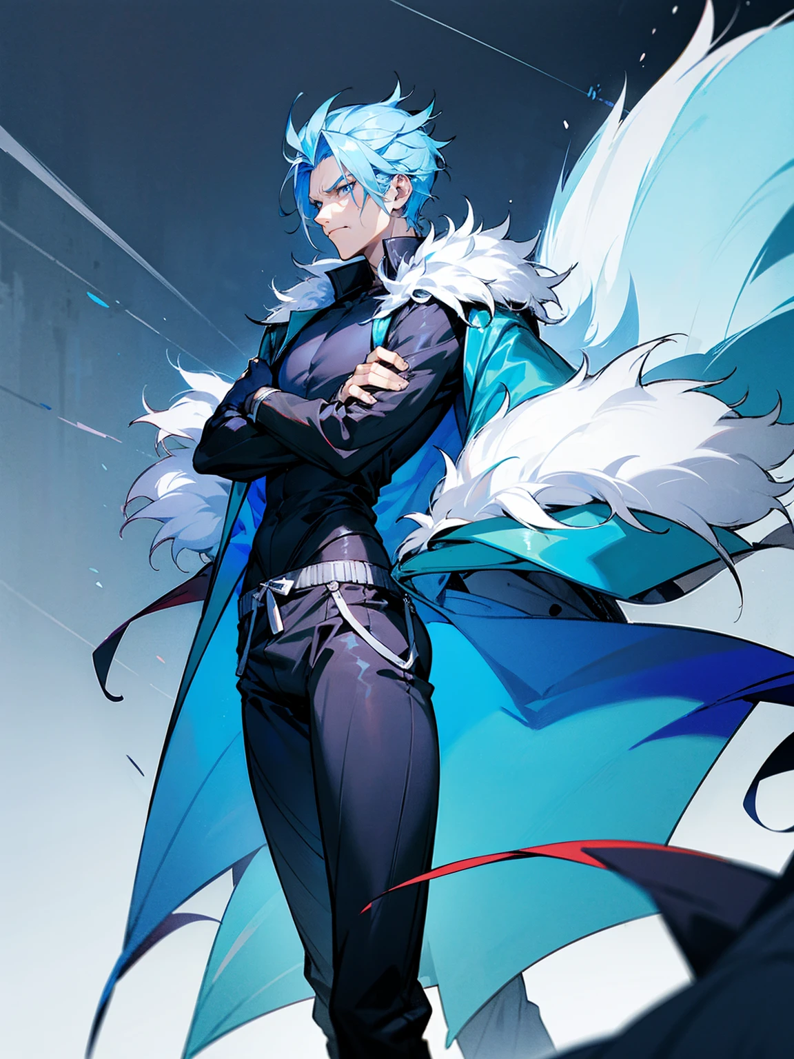1male, adult, sky blue hair, Vergil hair, fur coat, black sweatpants, tired expression, lean build