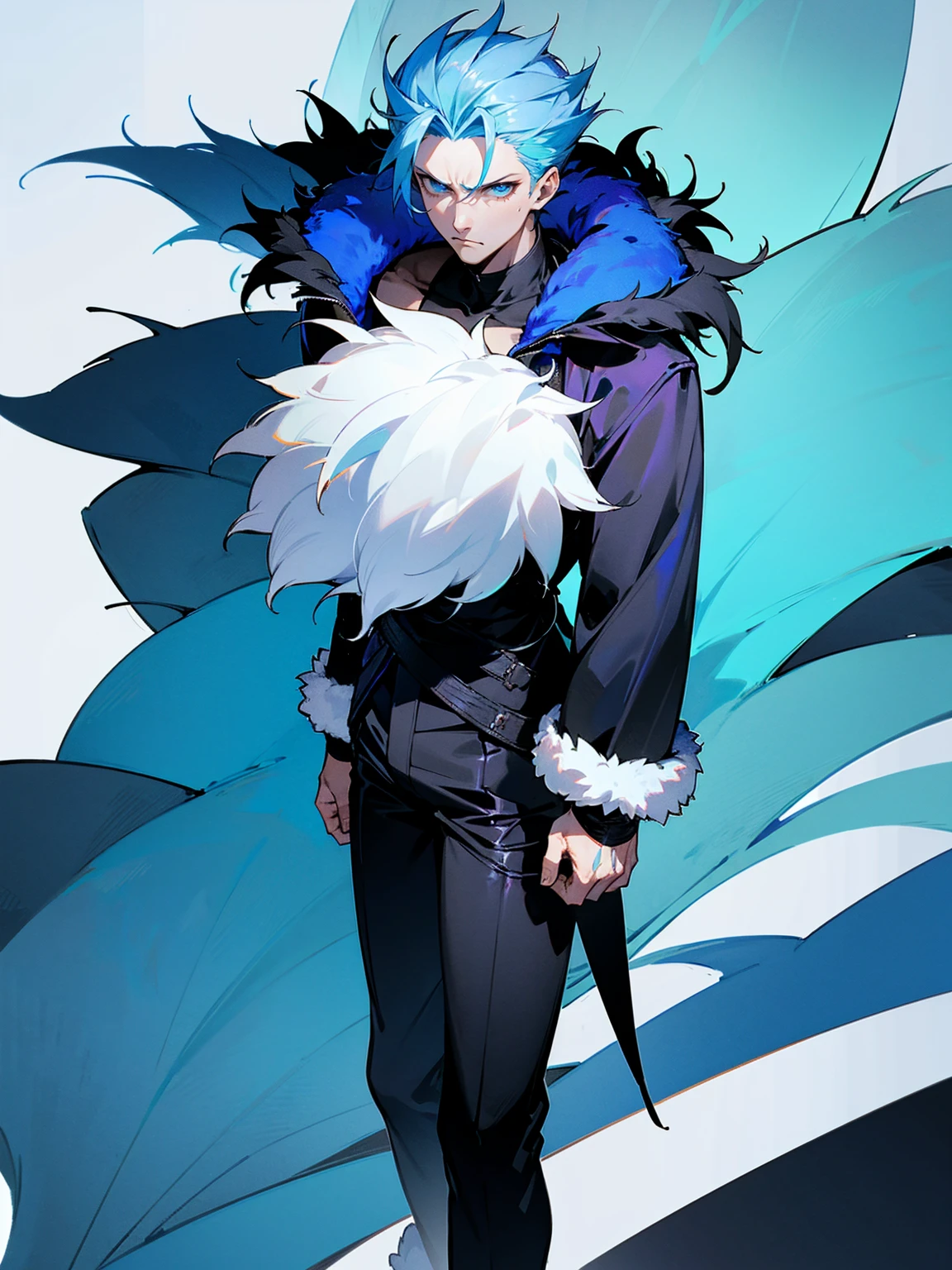 1male, adult, sky blue hair, Vergil hair, fur coat, black sweatpants, tired expression, lean build