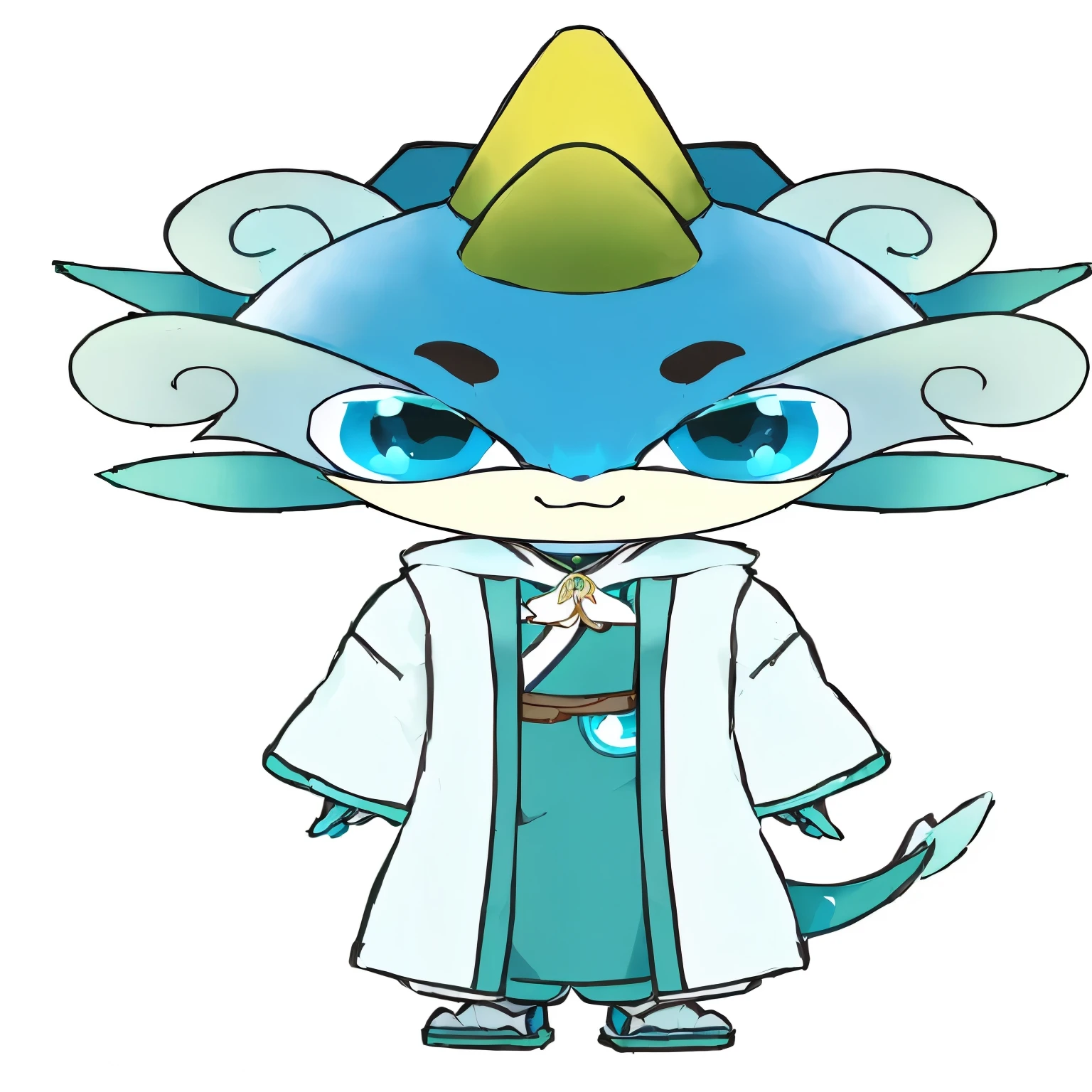 Teal dragon cartoon character with hat, asian female Water Element, Anthropomorphic dragon, A cute little blue dragon, Peacock mage themed clothes, iridescence Water Element, Water Devil, Water Element, Handsome Japanese demon boy, Japanese mascot, Adaptable personality, Elf Character, Full body mascot