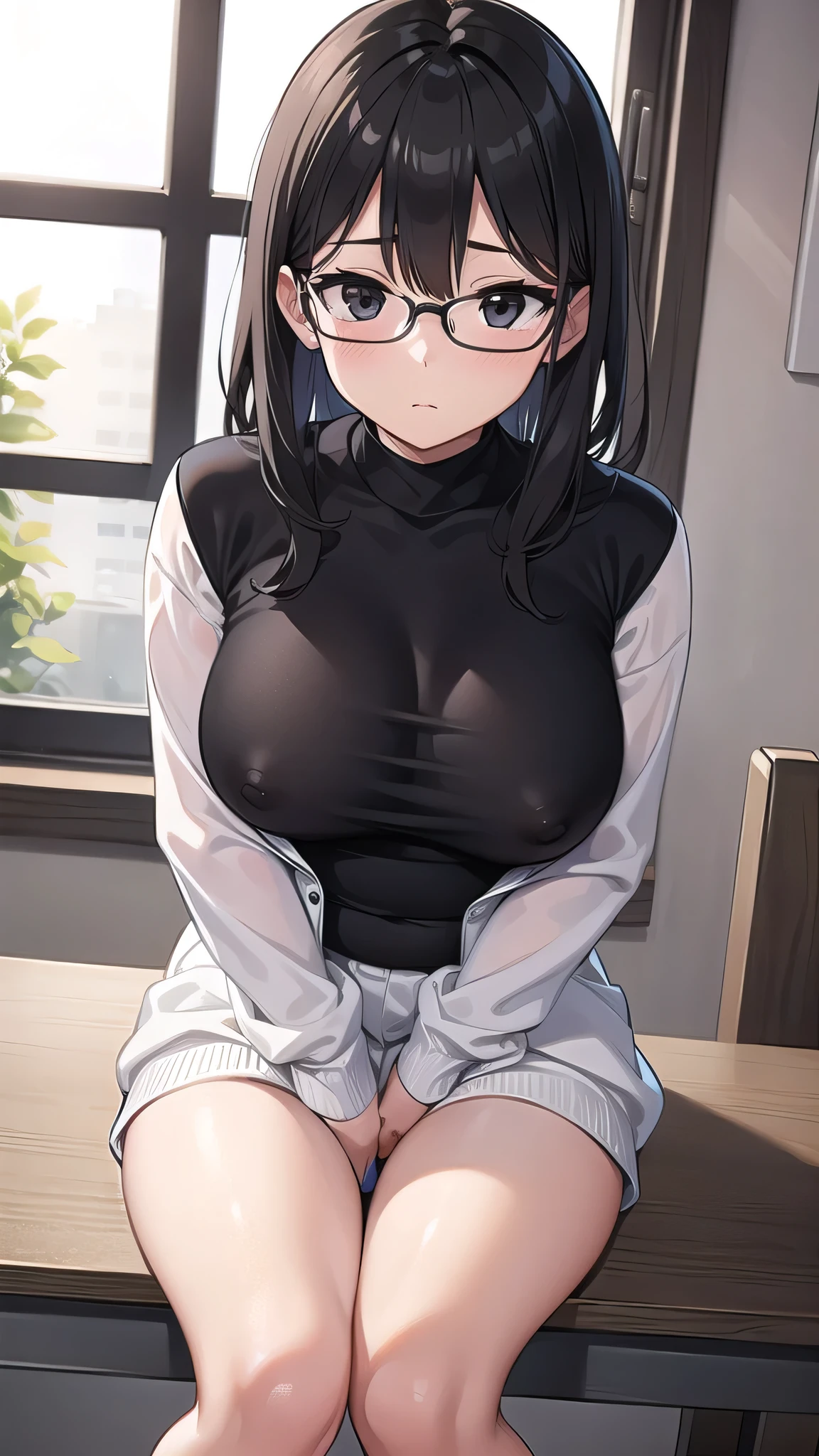 BREAK looking at viewer, BREAK (masterpiece:1.2), best quality, high resolution, unity 8k wallpaper, (illustration:0.8), (beautiful detailed eyes:1.6), extremely detailed face, perfect lighting, extremely detailed CG, (perfect hands, perfect anatomy),school,desks,tables,windows,soft ligt,night,kasumi miyoshi, bangs, black hair, hair between eyes, (black eyes:1.5), medium hair, mole, black-framed eyewear, plump,turtleneck, long sleeves, shorts, nipples see through,sitting on desk,showing feet,feet,footfetish,footsie,