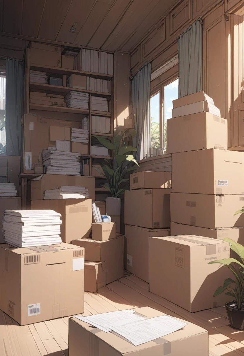 ((background only)),masterpiece, best quality, extremely detailed, ultra detailed, flat anime, 2D, Documents in cardboard boxes, summer, 11AM, livingroom,