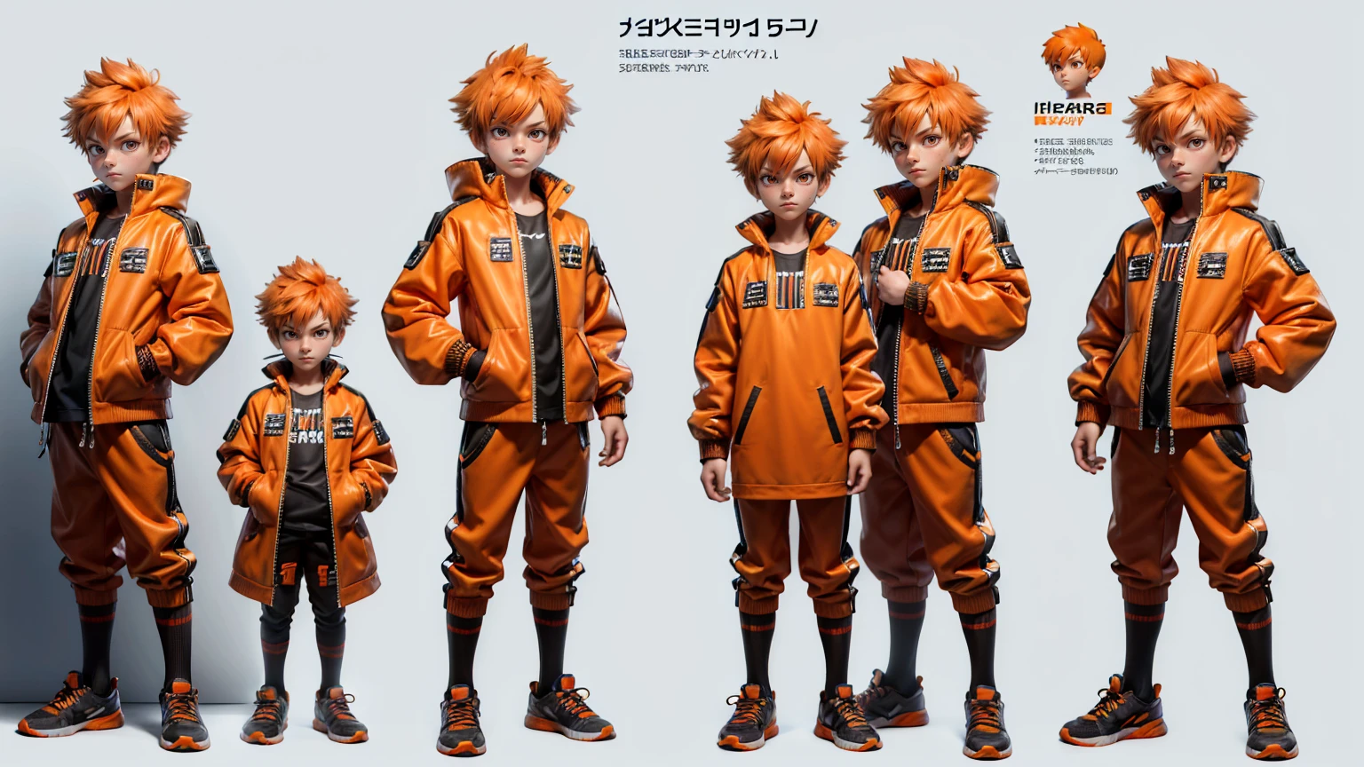 cute face boy, cute face, short height boy, wearing casual futuristic orange pent, orange dress, full standing pose, Spiky Hair Hair hairs, Spiky Hair hair style, sports shoes, Character Sheet, 12 yo student, Full body, Simple white background, front straight pose character reference sheet, Concept art, design sheet
