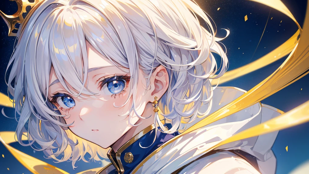 (Highest quality)　(4K)　(8k)　(High resolution)　(masterpiece:1.2)　(Super detailed)　One boy　short hair　Wizard　Blue Eyes　Long sleeve　Golden decoration　Hair between the eyes　White Dress　Wavy golden hair　Upper Body　(large crown)　(White Background)　profile　Face close-up　Are crying