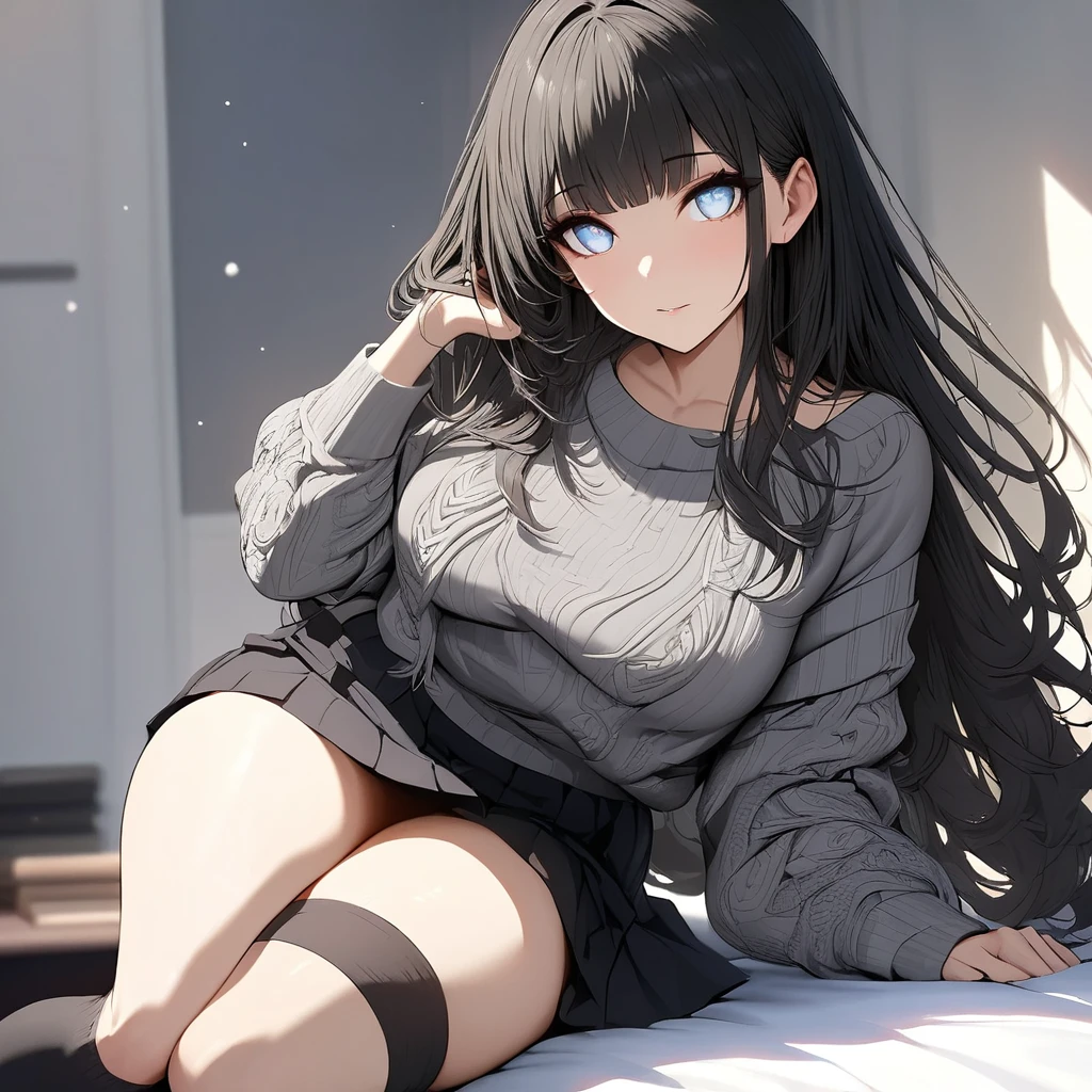 Masterpiece, Very detailed, Ultra-detailed, one beautiful woman, Beautiful woman - pleasant skin, Long hair and bangs on the sides, bright eyes, gray knit sweater, black knee socks, skirt