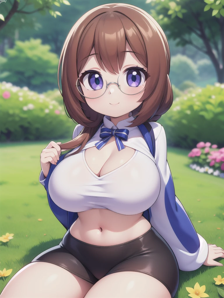 master-piece, bestquality, 1girls,, View viewers from face, HD, slight smile, massive tits, cleavage, tiny body, under tits cleavage, wide hips, garden, extra slim waist, large sleeve, glasses, striped miniskirt, crop top,