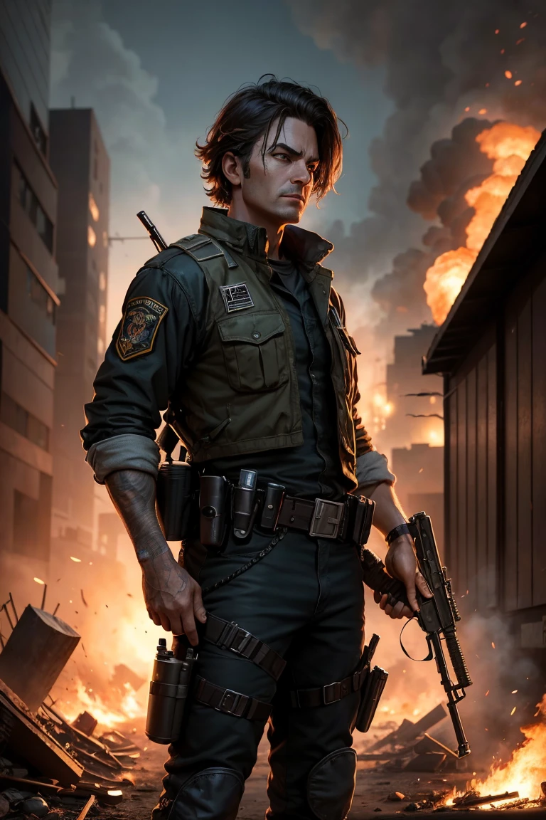 Professional Profile, character posing, Visual released, post-apocalyptic cop, pistol in holster, fully body, background with fire and bomb being destroyed, and ak47 in hand
