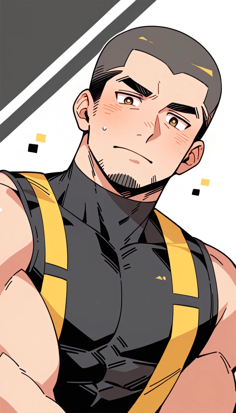 anime characters：Priapus, Muscle Sports Student, Buzz Cut, Manliness, male focus, Yellow and black tight sleeveless vest, Very tight, full and perky chest muscles, muscular male, muscular, only, Upper body, alone, Black short hair, Thick eyebrows, stubble, Brown-red pupils, White background, simple background, amazing quality, best aesthetics, Ridiculous, crew cut, blush, embarrassed, shy, endured face, negative space, best quality