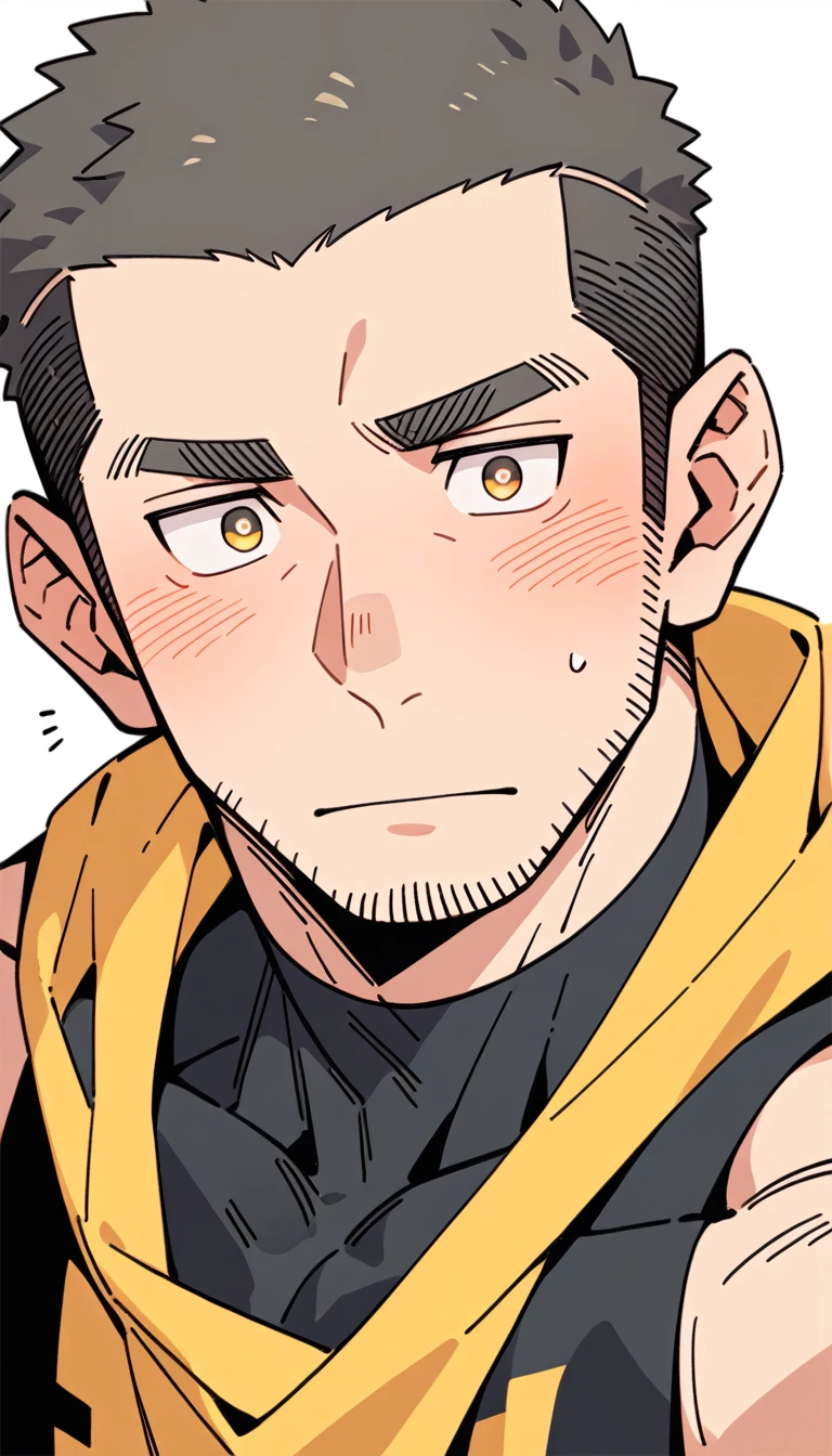 anime characters：Priapus, Muscle Sports Student, Buzz Cut, Manliness, male focus, Yellow and black tight sleeveless vest, Very tight, full and perky chest muscles, muscular male, muscular, only, Upper body, alone, Black short hair, Thick eyebrows, stubble, Brown-red pupils, White background, simple background, amazing quality, best aesthetics, Ridiculous, crew cut, blush, embarrassed, shy, endured face, negative space, best quality