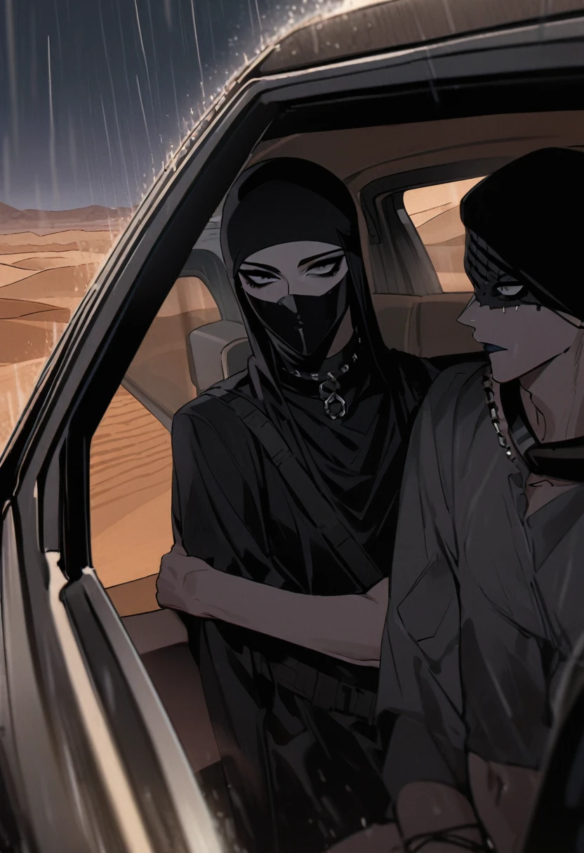 Male arab modern terrorist, terrorist, black balaclava, black bandage, black clothes, thin waist, skinny body, femboy, black eyes, light skin, makeup, black eyeliner, big eyelashes, black eyeshadow, metal choker,  light tanned skin, inside the car, desert, rain, night