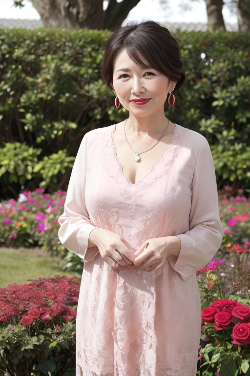 Beautiful mature Japanese woman aged 55, Married women, Long eyelashes, Bob Hair, Red lipstick, Pink Cheeks, Pearl Necklace, Earrings, Dark eyeshadow, Russell lace dress, Rose Garden