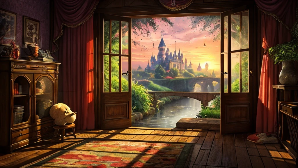 A little boy with an expression of awe and wonder, peeking through some old heavy red drapes in the back doorway of a curio shop that says 'EMPLOYEES ONLY', into a twilight magical world with a dragon, a castle with halflings, high elves, wooden bridges and walkways through the trees, a river with a waterfall flowing across the magical land, fairies, and fantasy realism. The image should look like a memory, with realism, slightly sepia tones. 8k, HD, 3D, watercolor style.
