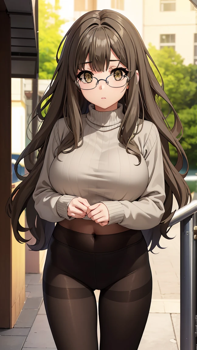 riofutaba, rio futaba, black-framed eyewear, (brown eyes:1.7), glasses, (grey hair:1.2), hair between eyes, over-rim eyewear, semi-rimless eyewear, long hair, sidelocks, 
BREAK (Sweater, crop sweater, dolphin short,long sleeves, pantyhose,closed clothes:1.2),
front view detailed body, navel, long belly , Slender body, tight body , thicc, large breast, breast, long thighs, masterpiece, long hair, very long hair, 20yo,Young female,Beautiful Finger,Beautiful long legs,Beautiful body,Beautiful Nose,Beautiful character design, perfect eyes, perfect face,expressive eyes, looking at viewer,NSFW, (full_body),(Focus on her face), official art,extremely detailed CG unity 8k wallpaper, perfect lighting,Colorful, Bright_Front_face_Lighting,shiny skin, (masterpiece:1.0),(best_quality:1.0), ultra high res,4K,ultra-detailed, photography, 8K, HDR, highres, absurdres:1.2, Kodak portra 400, film grain, blurry background, bokeh:1.2, lens flare, (vibrant_color:1.2) (Beautiful,large_Breasts:1.4), (beautiful_face:1.5),(narrow_waist),