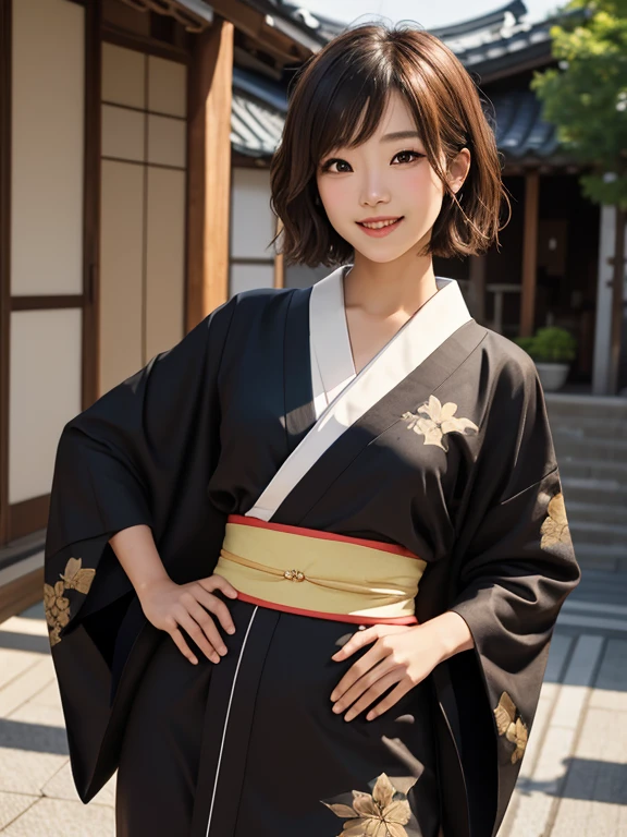 1 girl, One, japanese clothing, short hair, Brown eyes, I look at the viewer, kimono, Brown hair, lips, hand on hip, shell, smile, black hair, upper body, closed mouth,