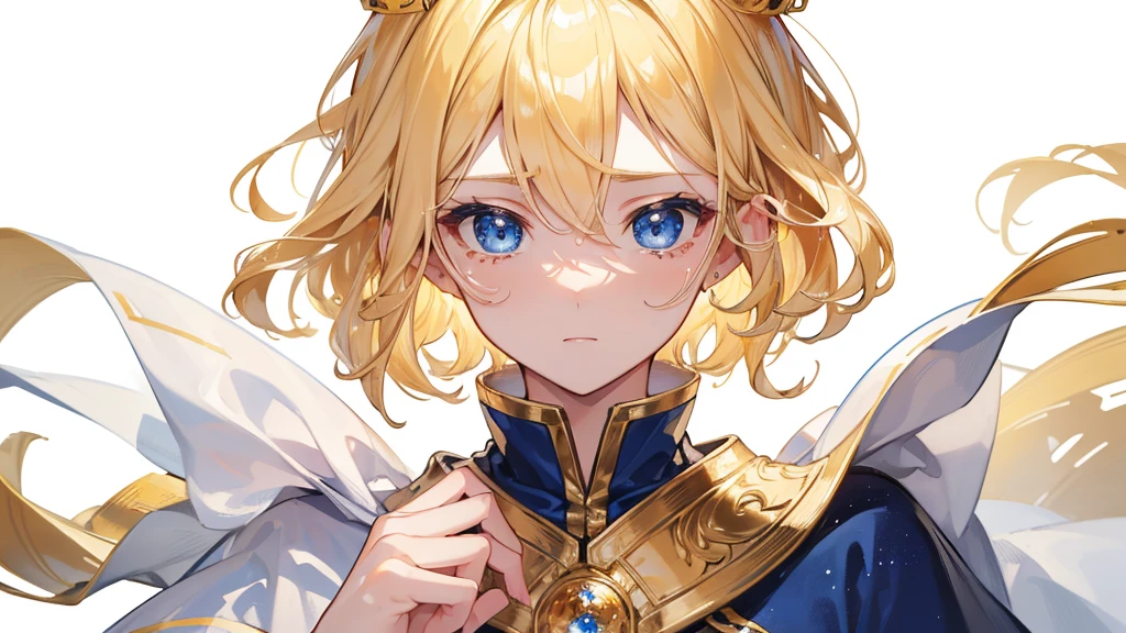 (Highest quality)　(4K)　(8k)　(High resolution)　(masterpiece:1.2)　(Super detailed)　One boy　short hair　Wizard　Blue Eyes　Long sleeve　Golden decoration　Hair between the eyes　White Dress　Wavy golden hair　Upper Body　(large crown)　(White Background)　profile　Face close-up　Are crying　Blonde