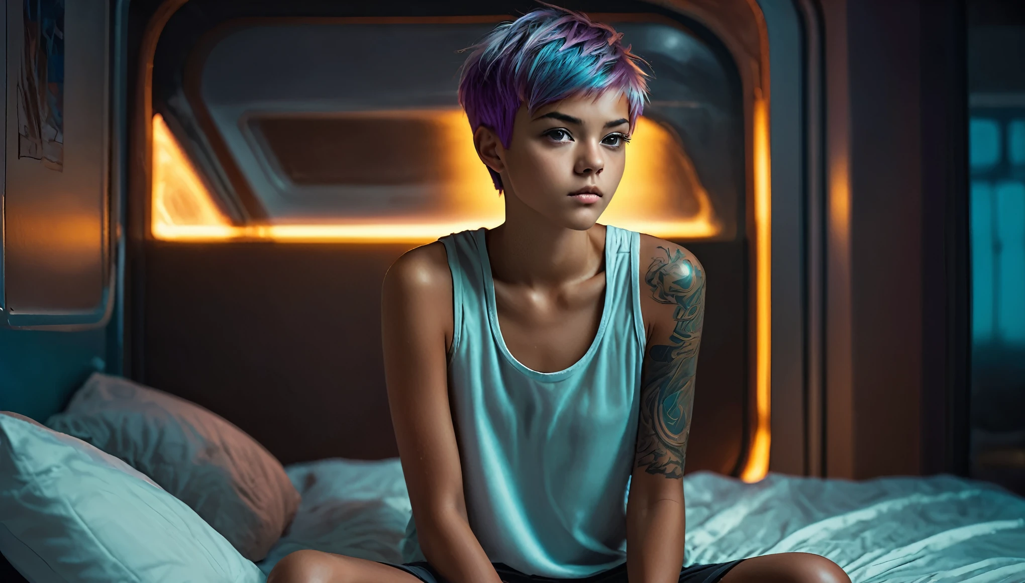 Top Quality, Masterpiece, High Resolution, 8k, wide objective, ((Teenager, 15 Years Old, barely legal)), (Tanned Skin Tone), ((girl in sheer silky oversized Tank Top, side boob, wide neckline, deep neckline, shiny boxers)), ((bare belly, big perky breasts, detailed face, detailed eyes, thin eyebrow, detailed lips, small hips, no makeup, some tattoos)), (Tomboy Style, tomboyish), (randowm short hair style, straight hair, short pixie cut hair), (((in a spaceship on the bed, moody atmosphere, dim light, dramatic and neon colors, futuristic setting, intricate details, at night, random pose, neon colors))), full body view