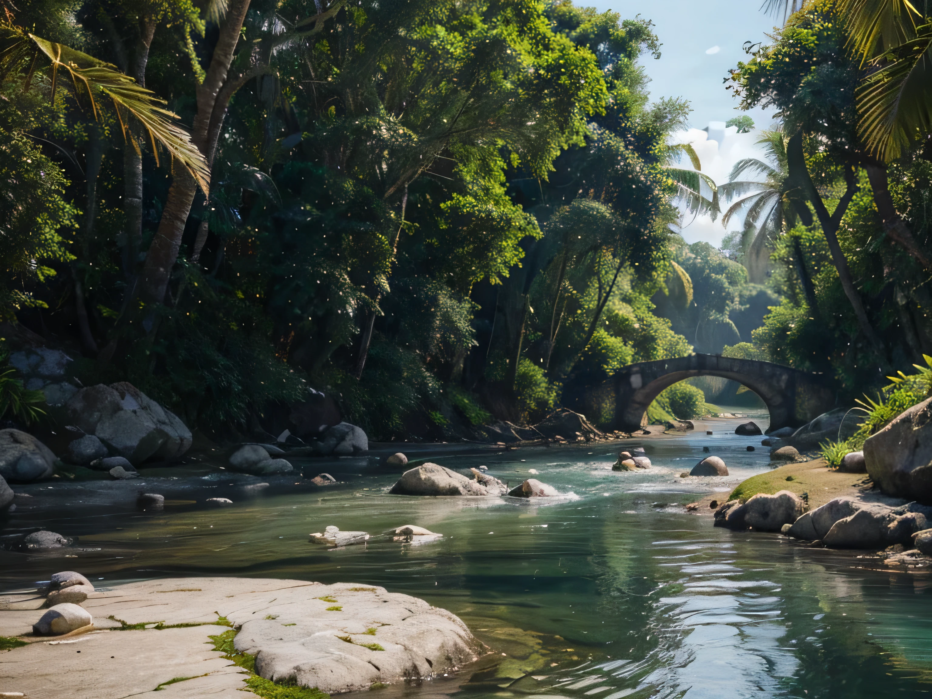 Rivers, with flowing waters, many stones, and tropical trees, daylight, hyper realistic and super detailed