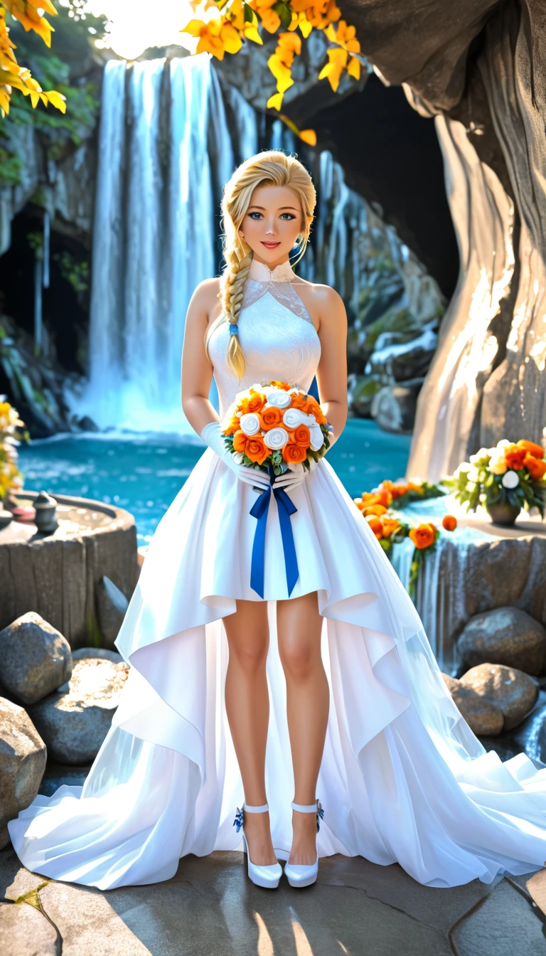 (High quality, masterpieces), One Japanese young woman standing in front of great waterfall, sleeveless wedding dress, Holding orange bouquet with her hands, Light blue wedding ring, Blonde braid hair, Beautiful face, White wedge heels, White long gloves, Dazzling sunlight, cave with waterfall