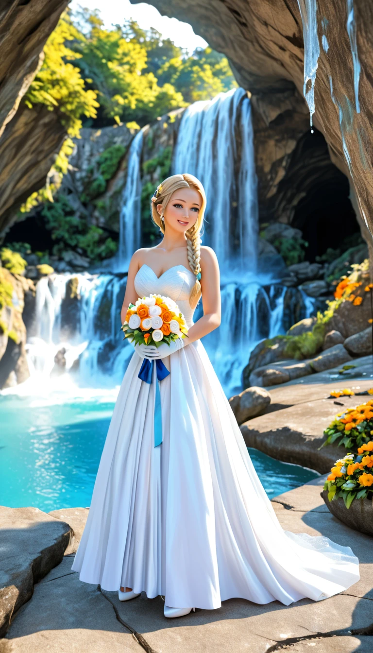 (High quality, masterpieces), One Japanese young woman standing in front of great waterfall, sleeveless wedding dress, Holding orange bouquet with her hands, Light blue wedding ring, Blonde braid hair, Beautiful face, White wedge heels, White long gloves, Dazzling sunlight, cave with waterfall