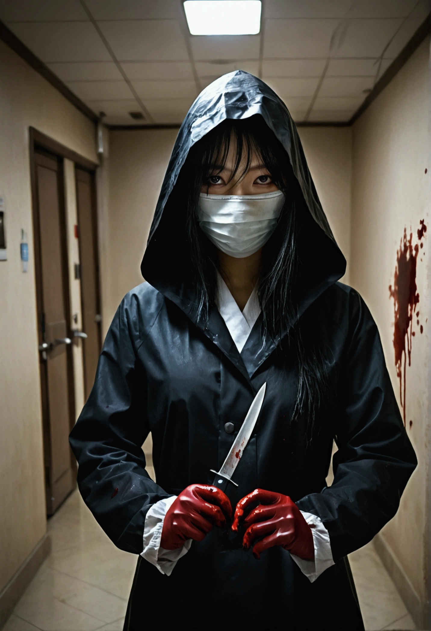 korean beautiful girl, (behind corpse, surgical mask), holding knife, stabbing, black gloves, room full of blood, black raincoat, hood up, underground, holding knife, black gloves, behind corpse, blood splatter, long bangs, night, mass murderer, robbery, in the hotel, dark atmosphere, cinematic lighting, atmospheric realistic,
