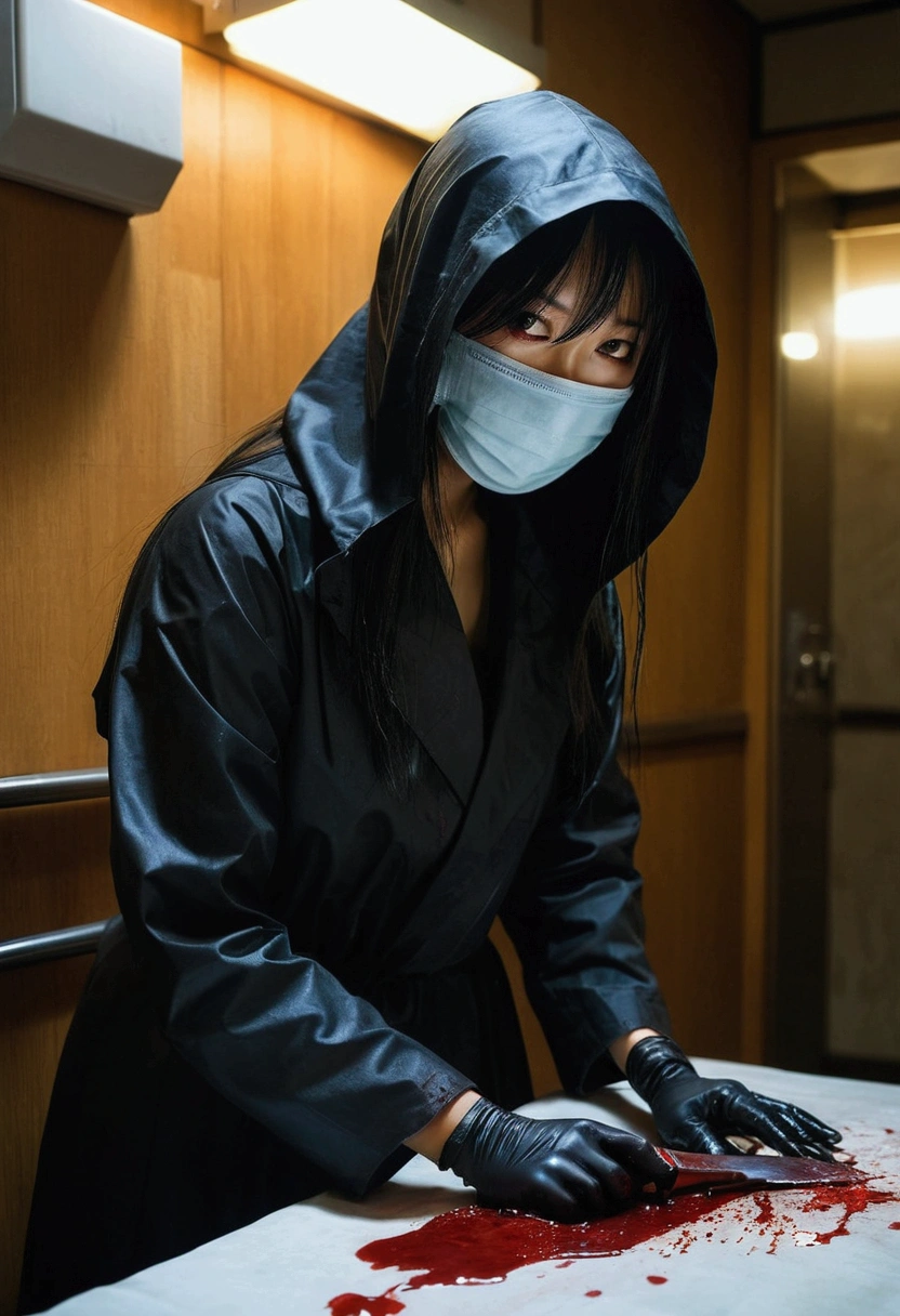 korean beautiful girl, (behind corpse, surgical mask), holding knife, stabbing, black gloves, room full of blood, black raincoat, hood up, underground, holding knife, black gloves, behind corpse, blood splatter, long bangs, night, mass murderer, robbery, in the hotel, dark atmosphere, cinematic lighting, atmospheric realistic,
