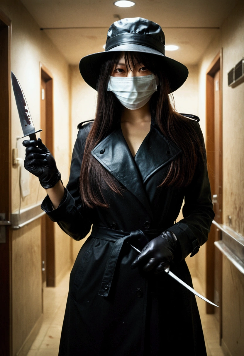 korean glamorous girl, (behind corpse, surgical mask), holding knife, stabbing, black leather gloves, room full of blood, black trench coat, bucket hat, underground, holding knife, black gloves, behind corpse, blood splatter, very long hair, night, mass murderer, robbery, in the hotel, dark atmosphere, cinematic lighting, atmospheric realistic,