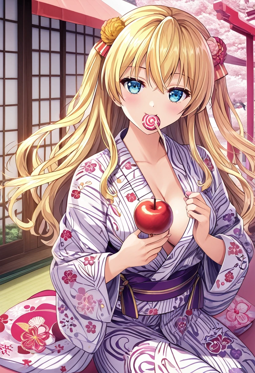 concept is Japanese matsuri,A blonde bob girl is wearing a yukata Of flower pattern(Glittering yukata) and eating apple candy(Japanese Ringo candy),Please draw a beautiful and magnificent picture of the big Ringo candy.masterpiece,best quality,ultra-detailed, illustration, detailed light,an extremely delicate and beautiful,dynamic