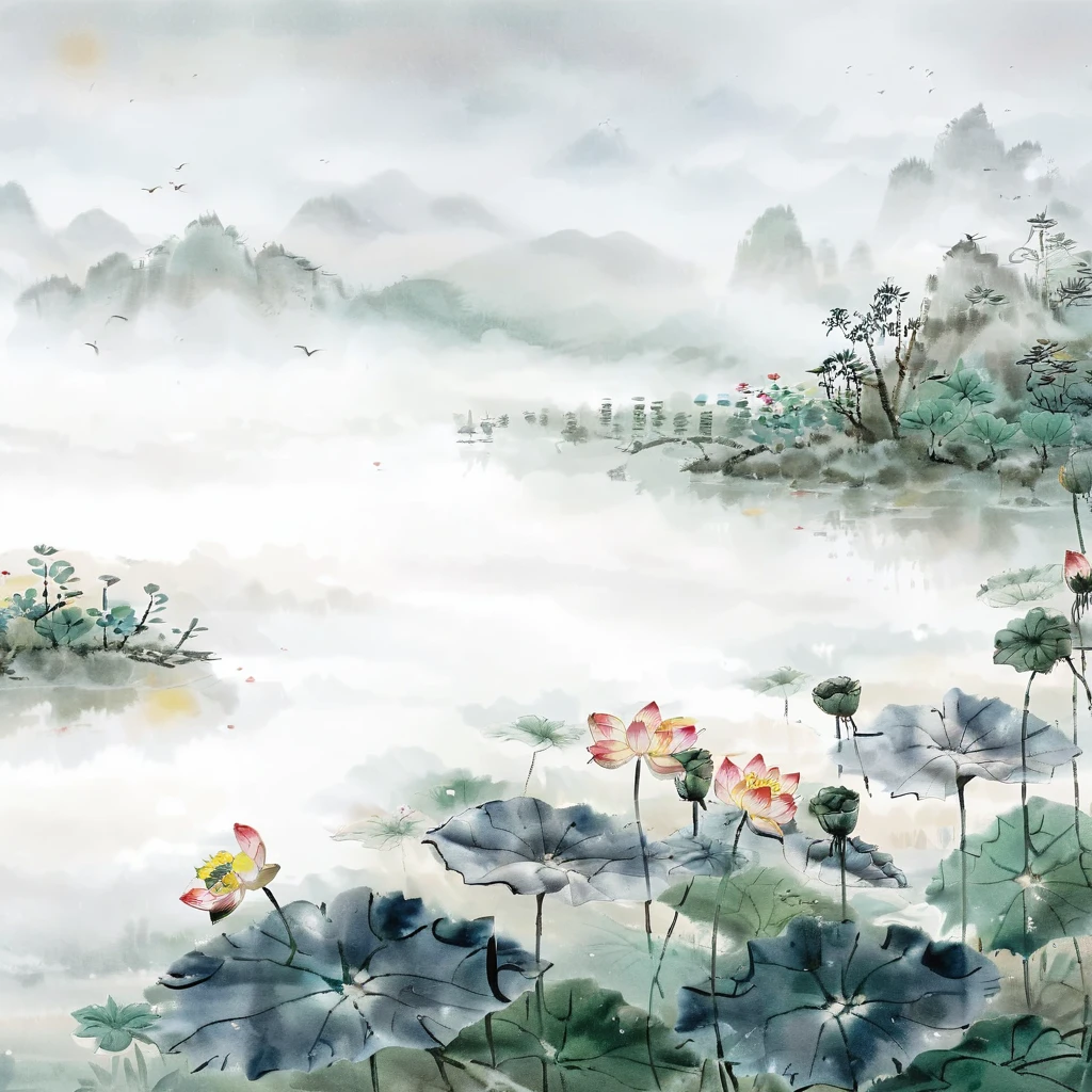 Ink painting, qi baishi, lake, pavilion, tower, lotus leaf, (lotus: 1.3), morning, sun, ink painting, traditional Chinese landscape painting, (large area blank, one-third composition: 1:3), official art , mountains of northern China, parchment watercolor ink painting, watercolor ink, ink, ink painting, ((simple)), simple, minimalist, beige gray, white background, fog, distant mountains, ink style, ink painting, rice paper texture, clean, none Text, fog, silence and ethereal, light white and light gray