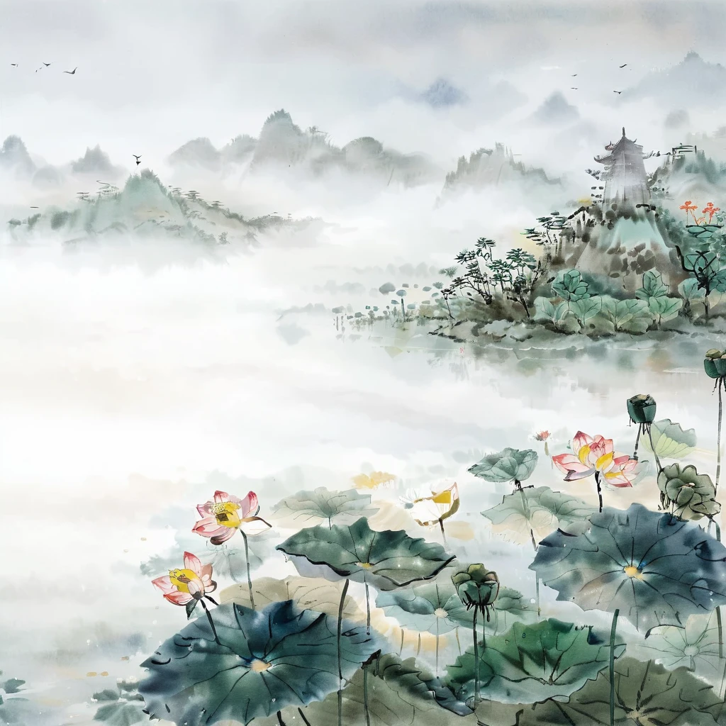 Ink painting, qi baishi, lake, pavilion, tower, lotus leaf, (lotus: 1.3), morning, sun, ink painting, traditional Chinese landscape painting, (large area blank, one-third composition: 1:3), official art , mountains of northern China, parchment watercolor ink painting, watercolor ink, ink, ink painting, ((simple)), simple, minimalist, beige gray, white background, fog, distant mountains, ink style, ink painting, rice paper texture, clean, none Text, fog, silence and ethereal, light white and light gray