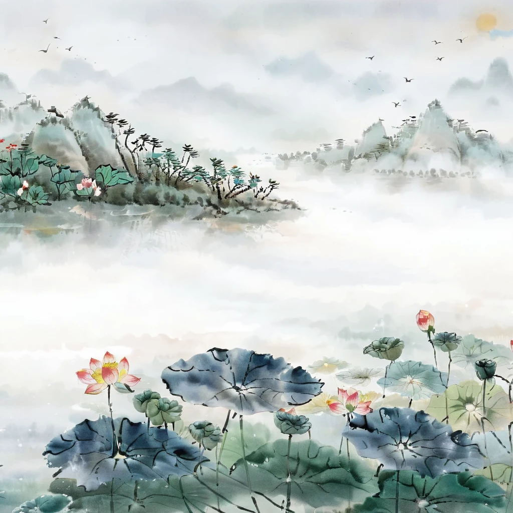 Ink painting, qi baishi, lake, pavilion, tower, lotus leaf, (lotus: 1.3), morning, sun, ink painting, traditional Chinese landscape painting, (large area blank, one-third composition: 1:3), official art , mountains of northern China, parchment watercolor ink painting, watercolor ink, ink, ink painting, ((simple)), simple, minimalist, beige gray, white background, fog, distant mountains, ink style, ink painting, rice paper texture, clean, none Text, fog, silence and ethereal, light white and light gray