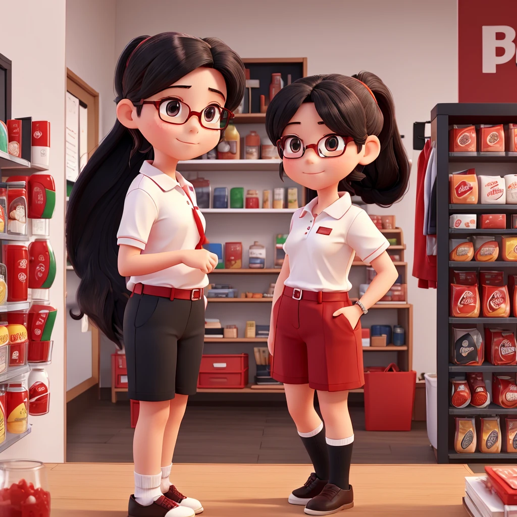 Make a mini mart store with red and white theme and a glass wall. No logo name. A girl employee wearing red polo shirt,wearing black pants, long black ponytailed hair,
