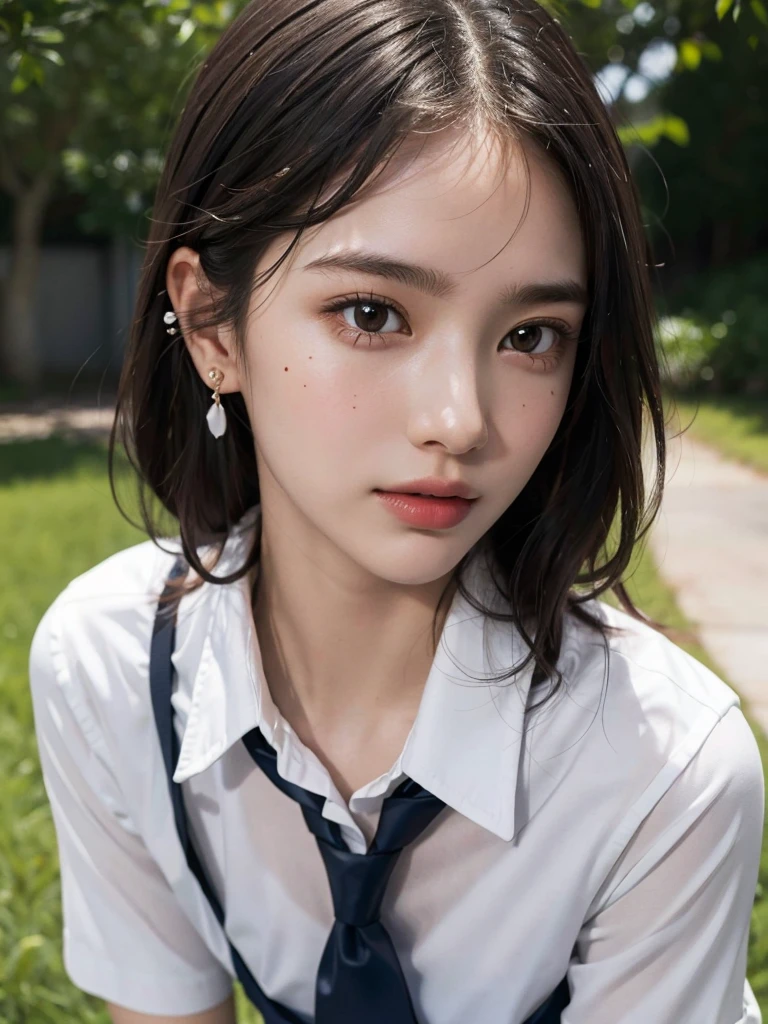 absurdres, RAW photo, extremely delicate and beautiful, masterpiece, Best Quality, ultra high resolution, 32k, hyperrealistic, ultra-detailed, perfect figure, Perfect Style, Perfect balance, in her 20s, very small head, very small face, delicate facial features, tearful mole, earring, very huge round breasts, full body shot, short medium hair, wavy hair, outdoor, (school_uniform:1.2), dress shirt, tie,