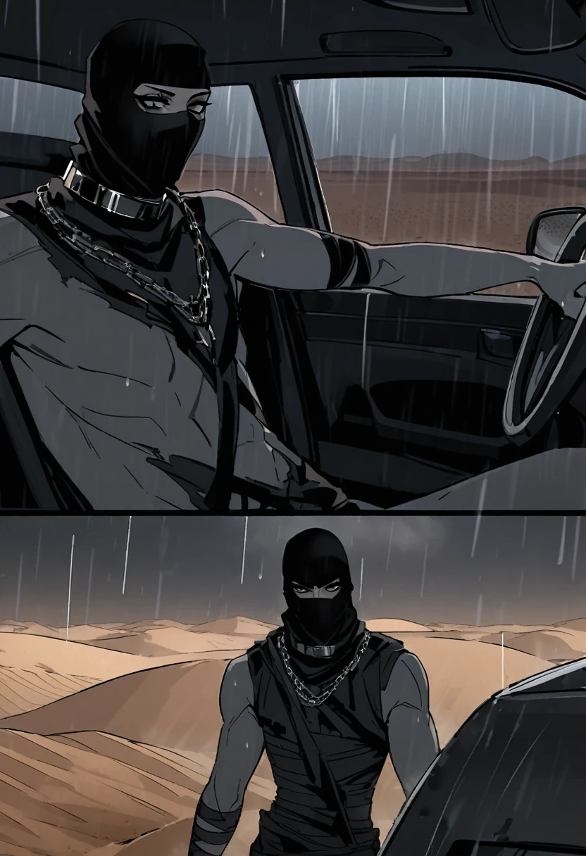 Male arab modern terrorist, terrorist, black balaclava, black bandage, black clothes, thin waist, skinny body, femboy, black eyes, light skin, makeup, black eyeliner, big eyelashes, black eyeshadow, metal choker, light tanned skin, inside the car, desert, rain, night