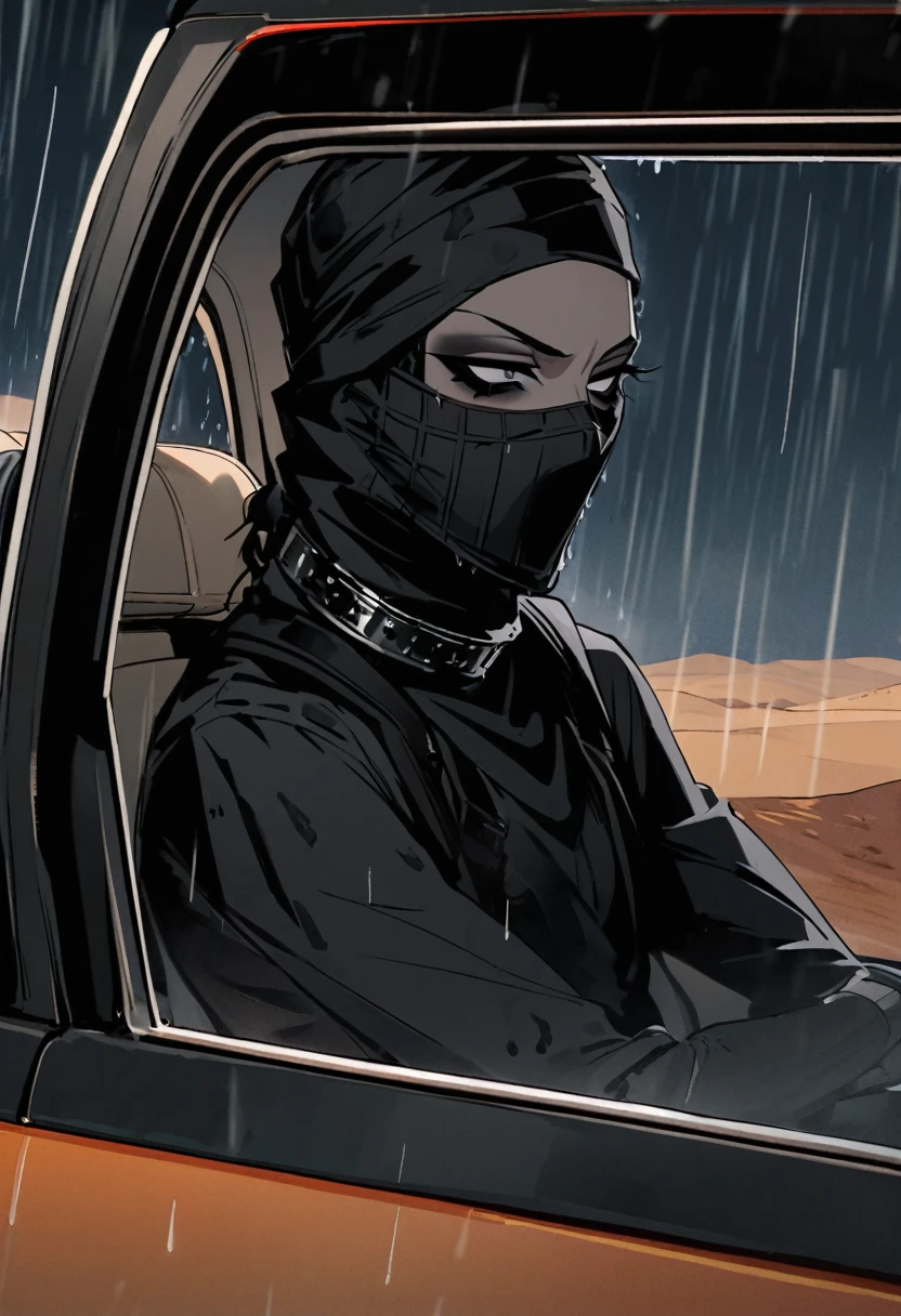 Male arab modern terrorist, terrorist, black balaclava, black bandage, black clothes, thin waist, skinny body, femboy, black eyes, light skin, makeup, black eyeliner, big eyelashes, black eyeshadow, metal choker,  light tanned skin, inside the car, desert, rain, night