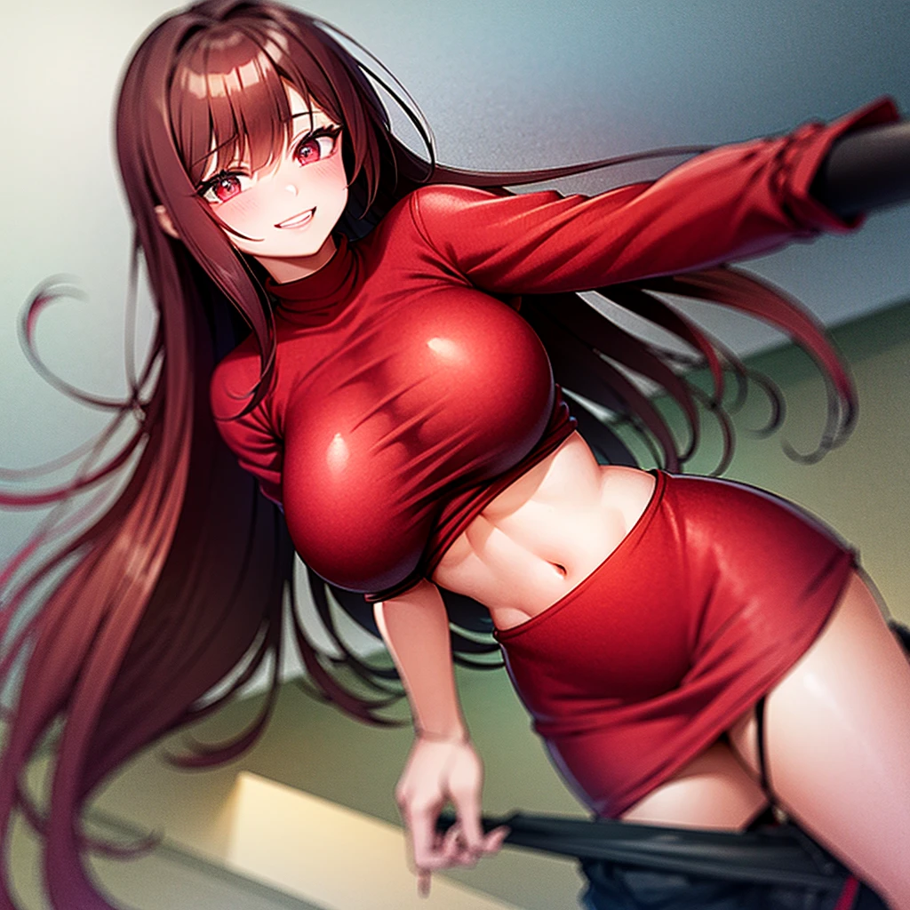 A girl with dark crimson red hair and maroon eyes with a black and red shirt that covers her whole torso and sweatpants and big breasts smiling and a background with volcanoes and fire