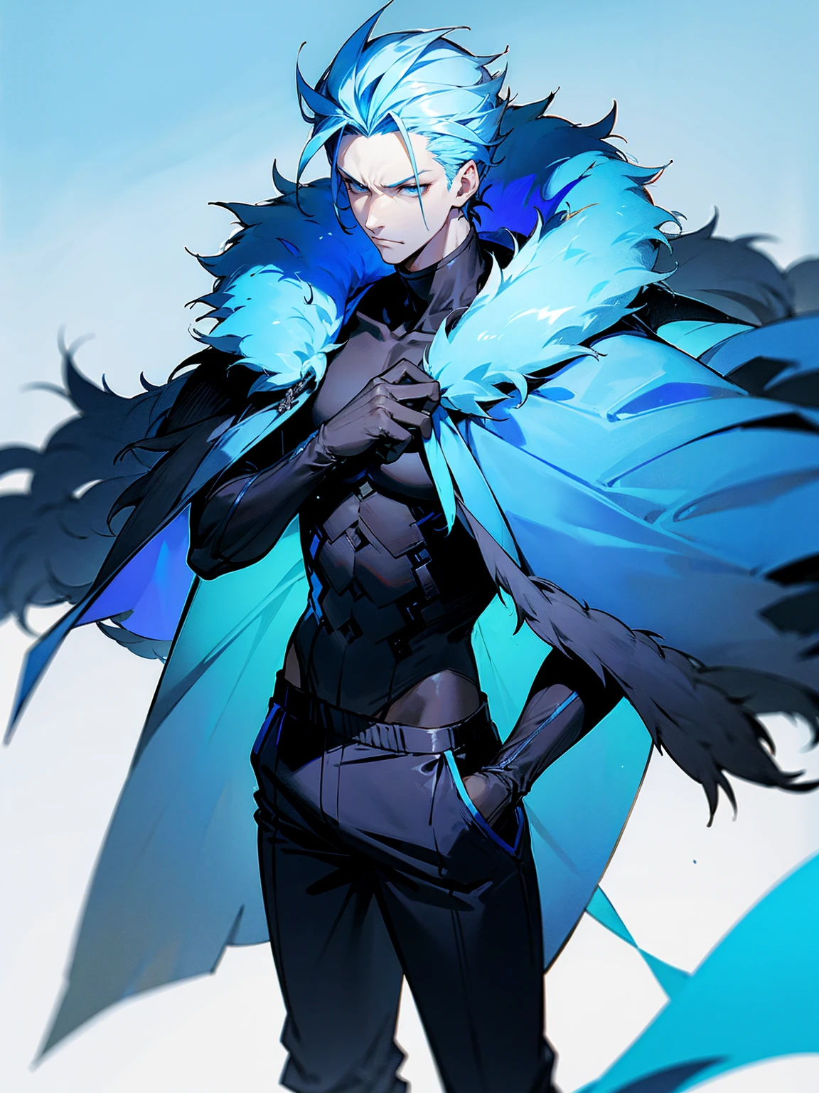 1male, adult, sky blue hair, Vergil hair, fur coat, black sweatpants, tired expression, lean build