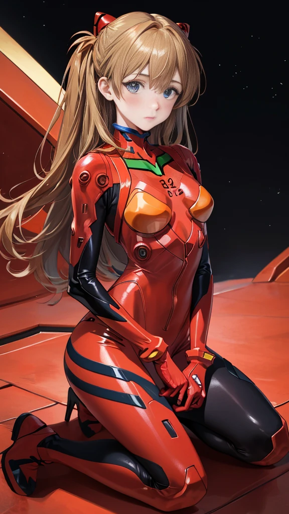 (masterpiece:1.4、Highest quality)、(Intricate details)、Unity8k wallpaper、Ultra-detailed、Beautiful and mysterious、Detailed Background、Realistic、solo、Perfectly detailed face、Detailed blue eyes、Very detailed、blush、hair ornamentahogany Hair Chignon、(Blonde)、Plug Suit 02,Shikinami Asuka Langley、Evangelion、Looking into the camera、Look forward、cute、Full Body Suit、Black Background、Large Breasts