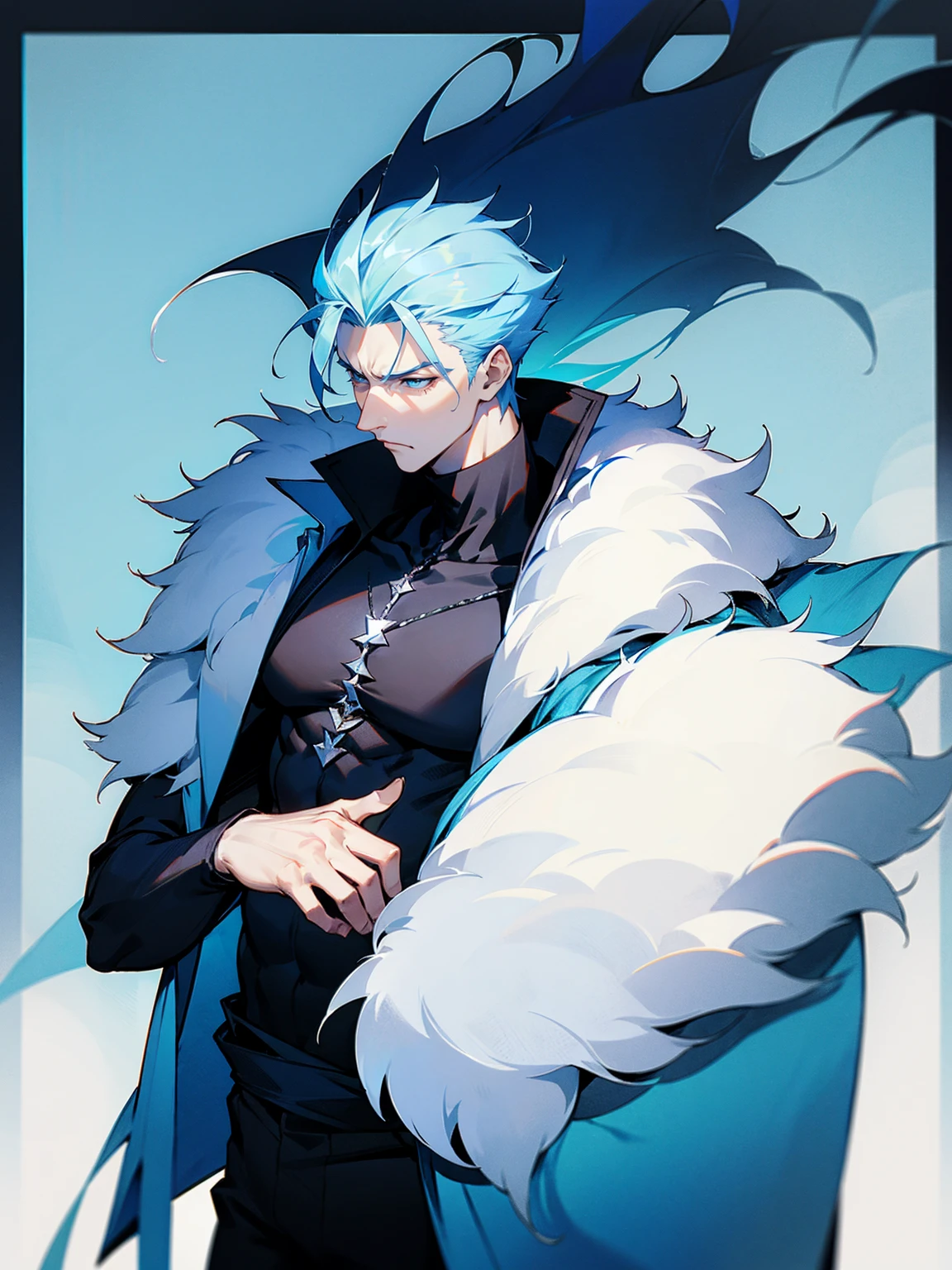 1male, adult, sky blue hair, Vergil hair, fur coat, black sweatpants, tired expression, lean build