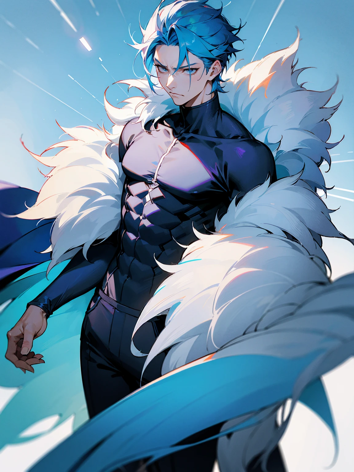 1male, adult, sky blue hair, Vergil hair, fur coat, black sweatpants, tired expression, lean build