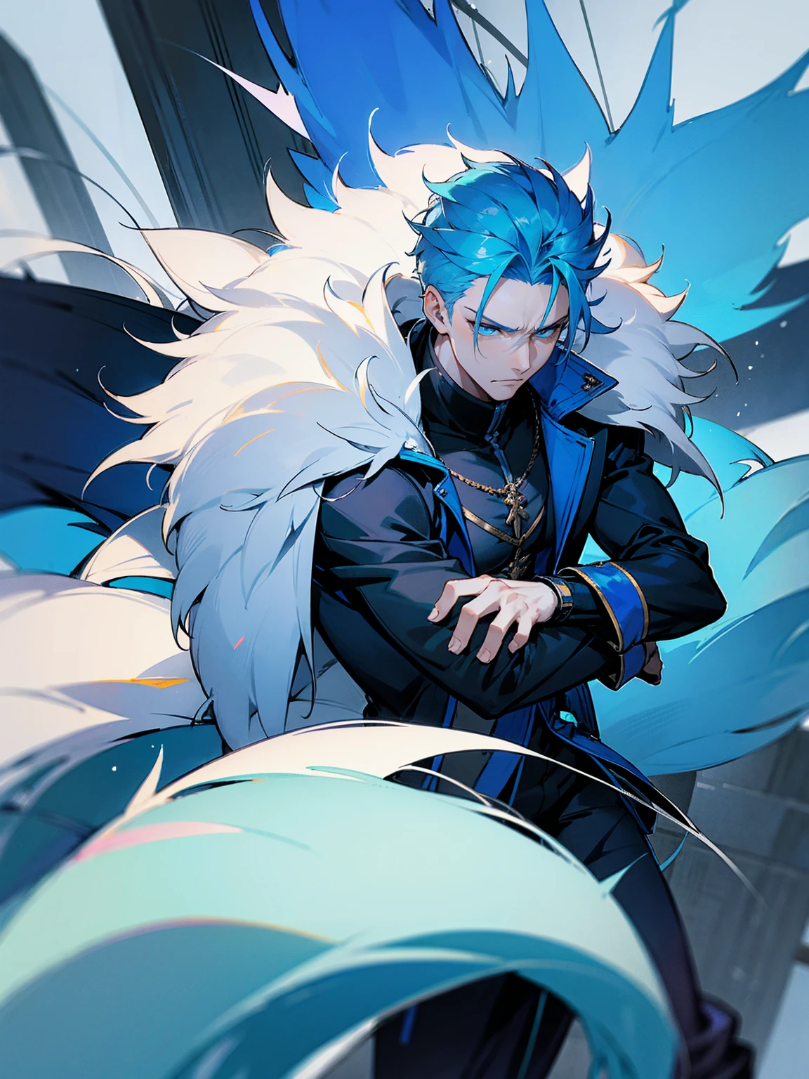 1male, adult, sky blue hair, Vergil hair, fur coat, black sweatpants, tired expression, lean build