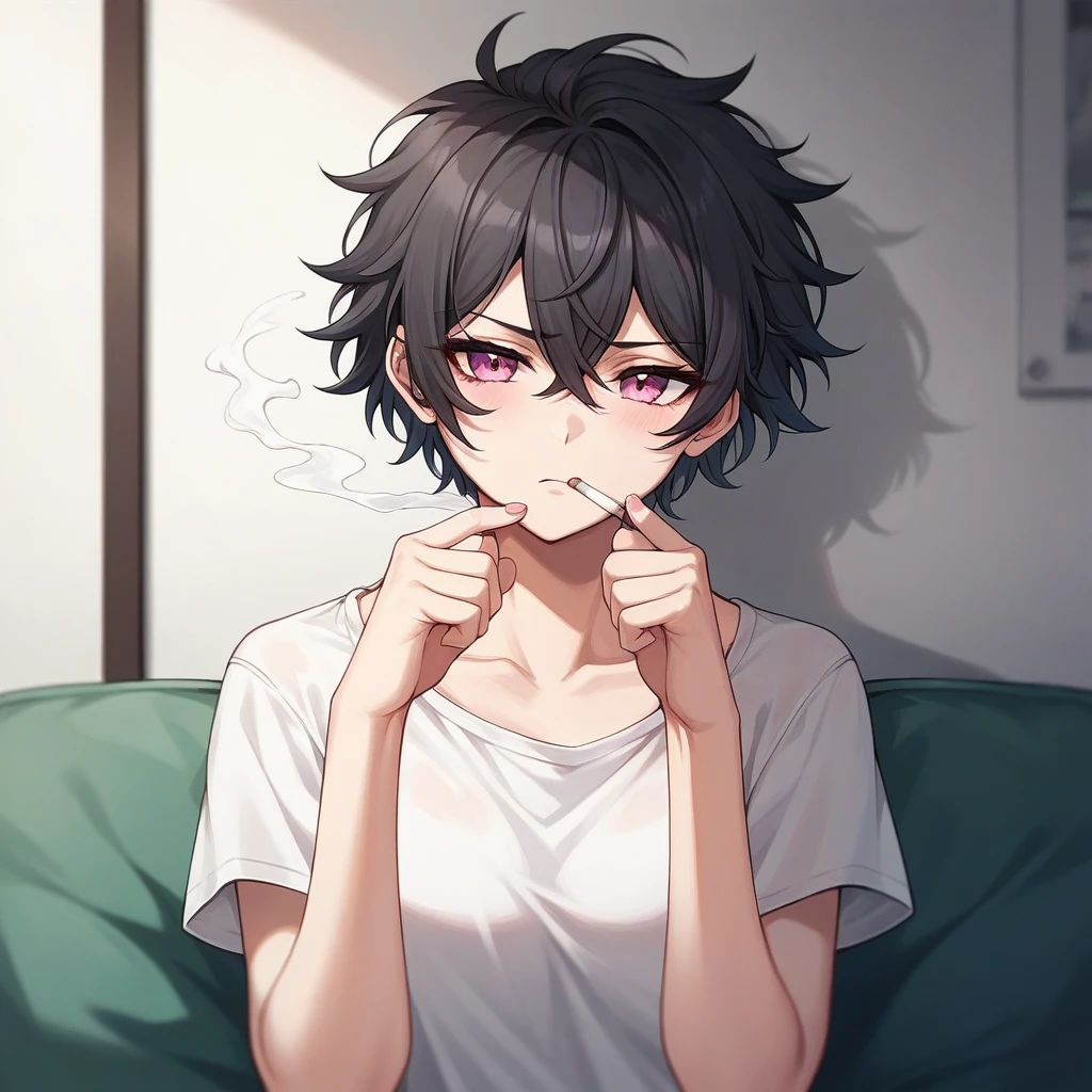 anime woman with a cigarette in front of a messy living room, adult female, short blond hair with black highlights, pink eyes, messy hair, baggy clothing, disheveled, depressed, annoyed, perfect anatomy, best hands, perfect hands, best fingers, perfect fingers, beautiful detail, best detail, perfect detail, amazing detail, high detail, high quality, perfect quality, best quality