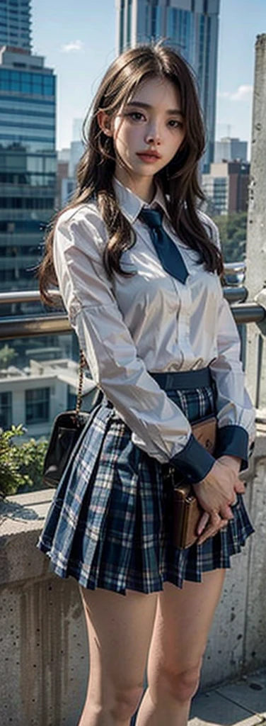 1woman、(Super beautiful)、(Beautiful face:1.5)、(A detailed face)、Standing、(High school uniform)、Dark blue jacket、White shirt、tie、Plaid Mini Skirt、Brown hair、(Dark Makeup)、(Holding a rifle)、(Aim your rifle:1.5),Target your audience,AK47、(On the roof of a high-rise building)、Full body close-up,Full body close-up