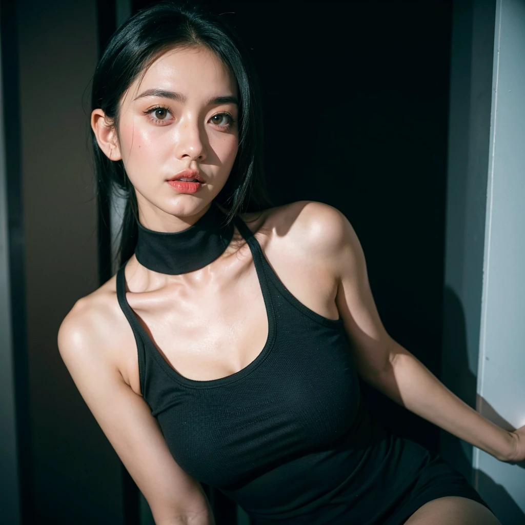 best quality, ultra high res, (photorealistic:1.4), 1girl, tanktop black shirt, black tight skirt, black choker, (faded ash gray hair:1), medium breasts, looking at viewer, closeup, (pretty face) , southeast asia girl.