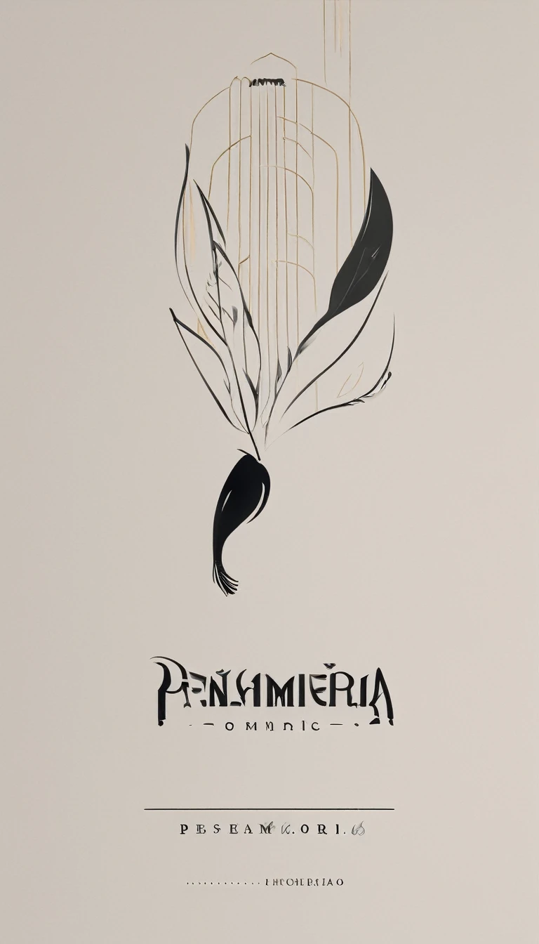 A minimal, modern, simple, cinematic logo design for the brand “Penamemoria". Create a modern, minimalistic, high-quality, logo of a feather and a boy playing acoustic guitar that conveys a sense of storytelling, dreams and memories