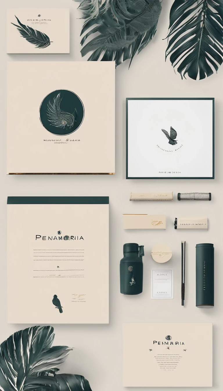 A minimal, modern, simple, cinematic logo design for the brand “Penamemoria". Create a modern, minimalistic, high-quality, logo of a feather and a boy playing acoustic guitar that conveys a sense of storytelling, dreams and memories