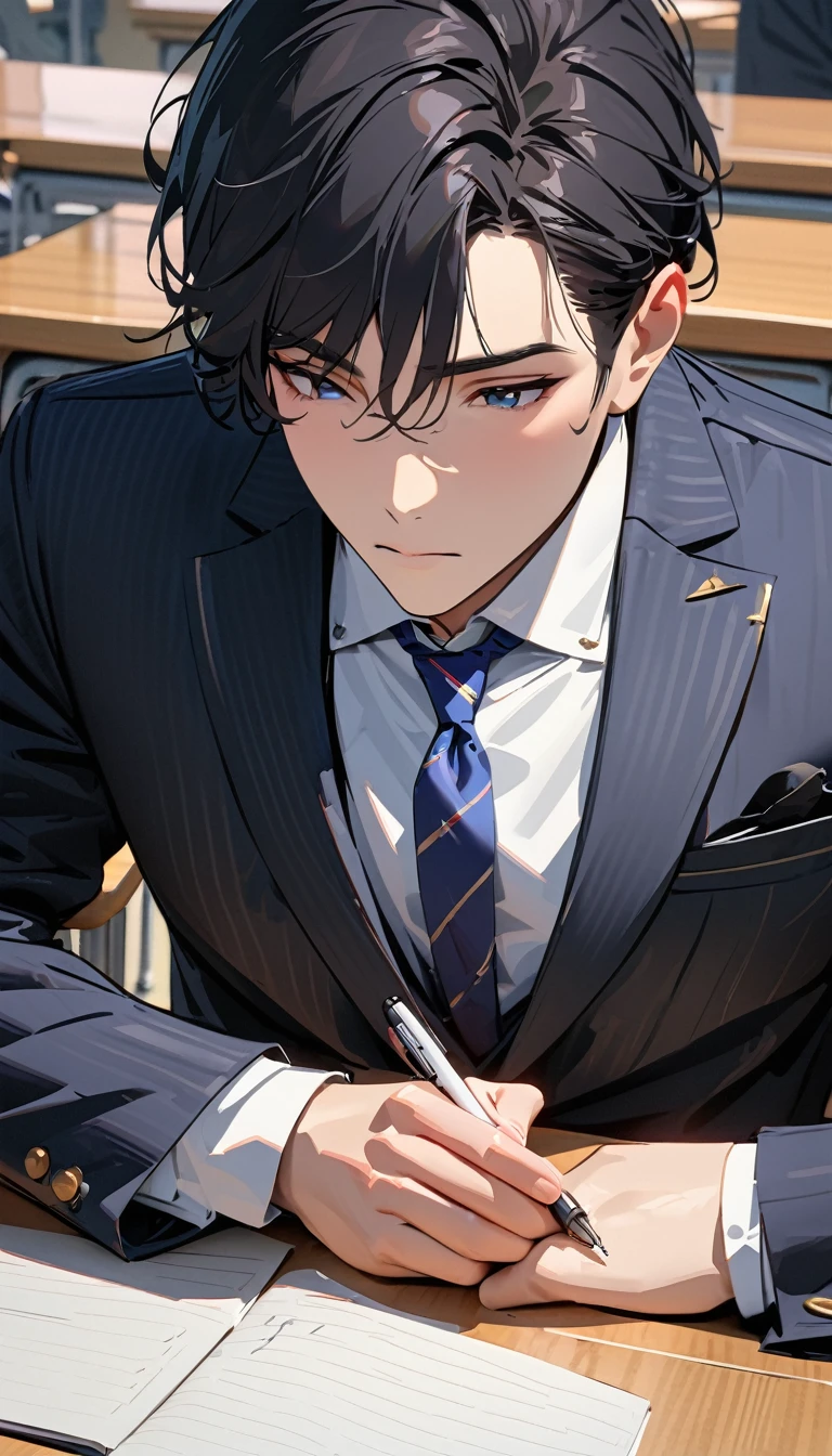 modern, Verism, masterpiece, textured skin, super detail, best quality, 4K , A handsome man with short black hair is attending a lecture in a university classroom. He is right-handed and writing notes with a pen.