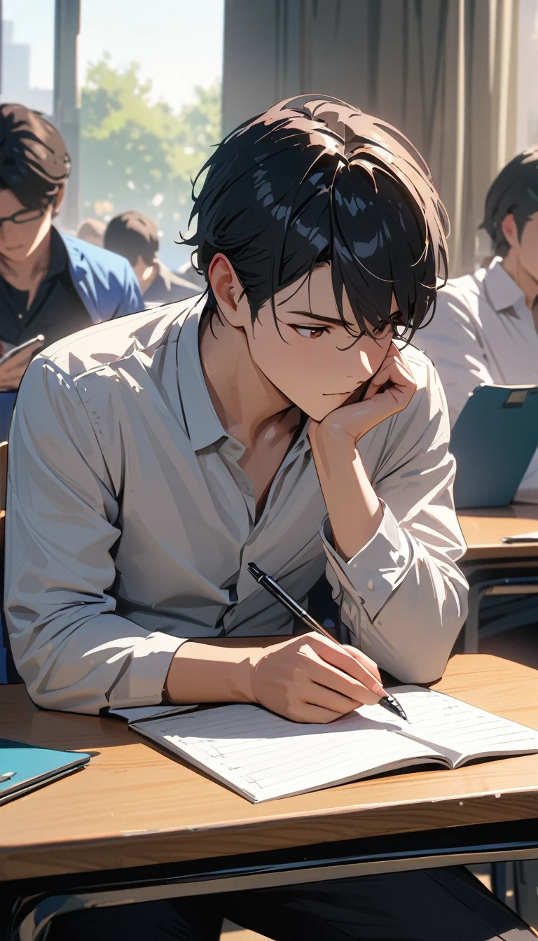modern, Verism, masterpiece, textured skin, super detail, best quality, 4K , A handsome man with short black hair is attending a lecture in a university classroom. He is right-handed and writing notes with a pen.